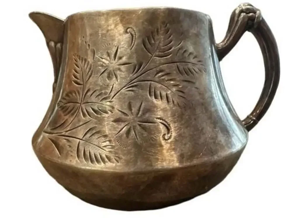 Antique Silver Plated Creamer Pitcher with Etched Floral Design and Ornate Handl